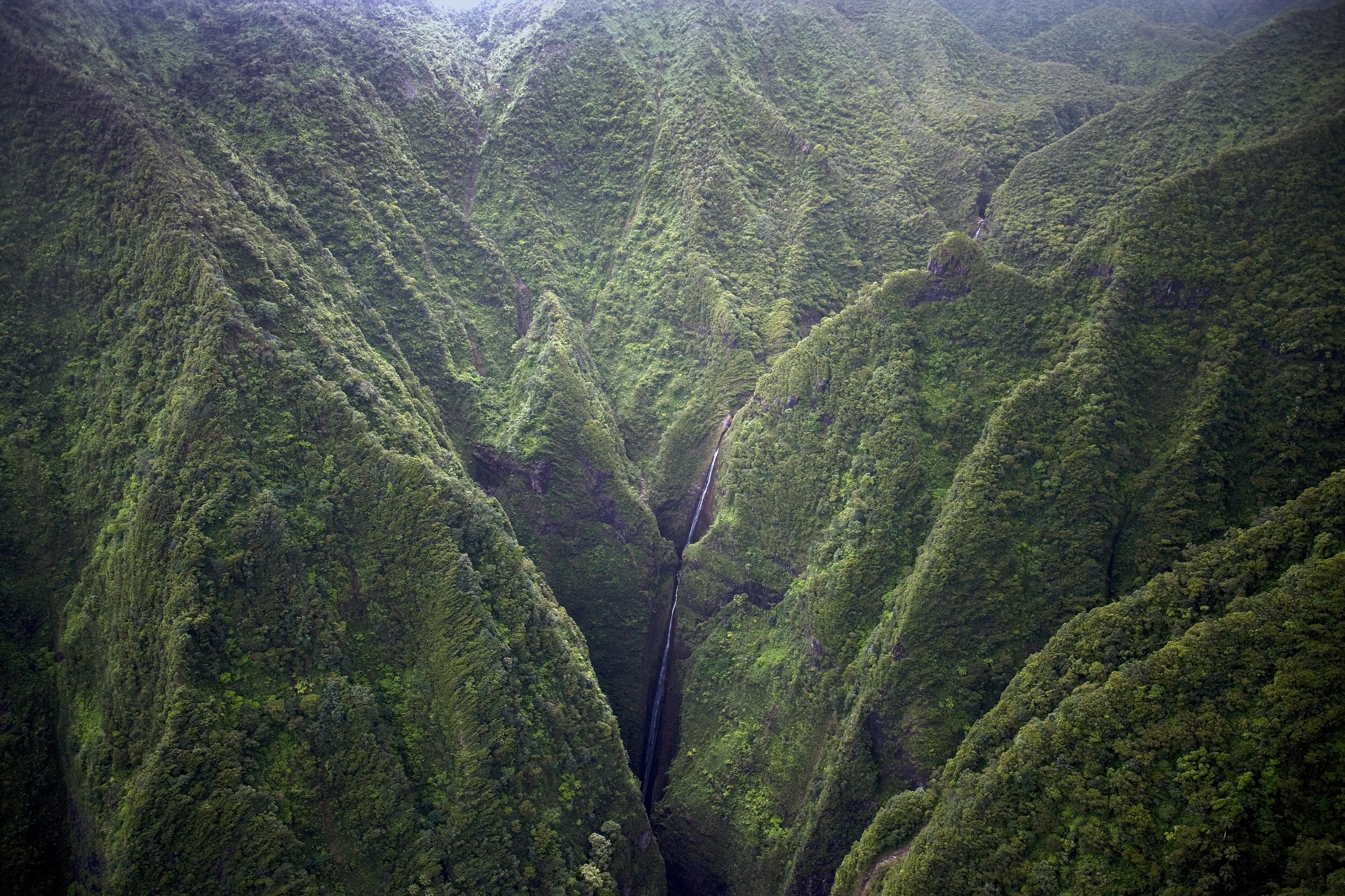A waterfall pouring through a forested gorge